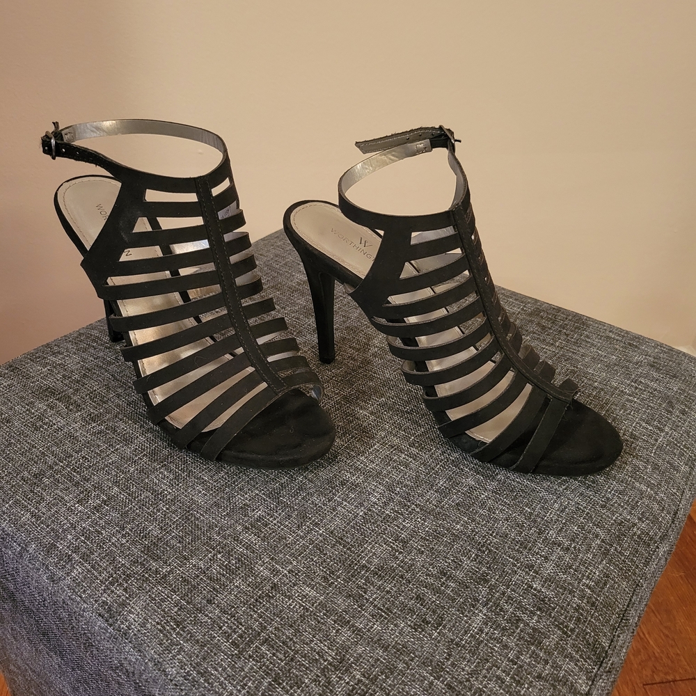 Worthington Black Stiletto Heels with Strappy Design, 7.5